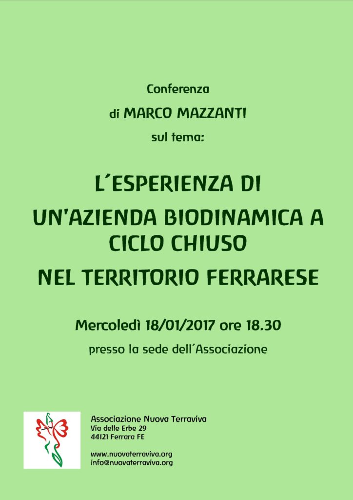 Conferenza: "L'ESPERIENZA DI UN'AZIENDA BIODINAMICA A CICLO CHIUSO NEL TERRITORIO FERRARESE" @ Associazione Nuova Terraviva | Ferrara | Emilia-Romagna | Italia
